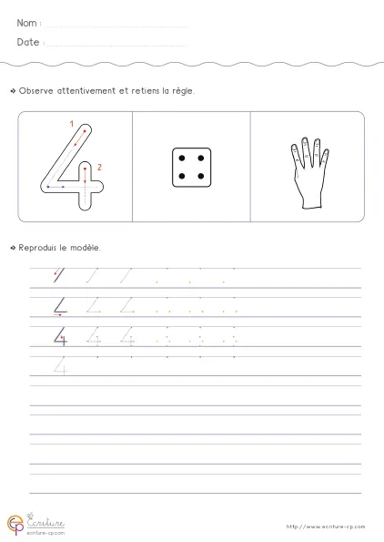 Fiche GS pour écrire le chiffre 4 avec grand modèle du 4, mot 'quatre' et lignes guidées pour le tracé.