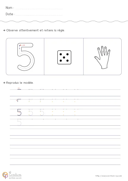 Fiche GS pour écrire le chiffre 5 avec modèle du 5, mot 'cinq' et lignes de pratique progressive.