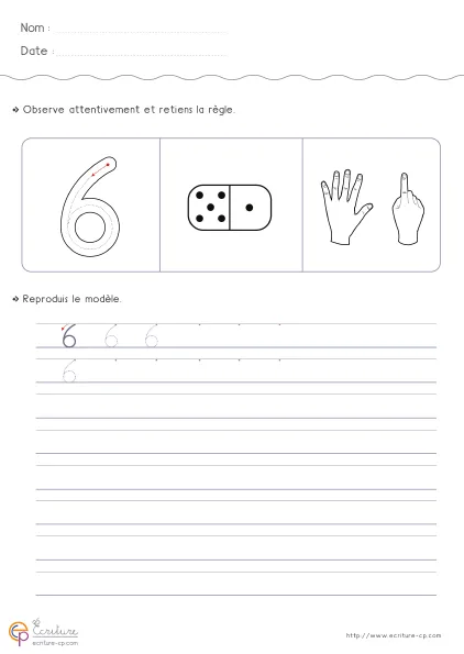 Fiche GS pour écrire le chiffre 6 avec grand modèle du 6, mot 'six' et lignes de tracé progressif.