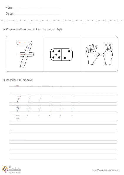 Fiche GS pour écrire le chiffre 7 avec modèle du 7, mot 'sept' et progression d'écriture sur lignes guidées.