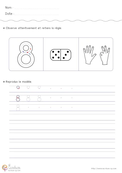 Fiche GS pour écrire le chiffre 8 avec grand modèle du 8, mot 'huit' et lignes de pratique progressive.