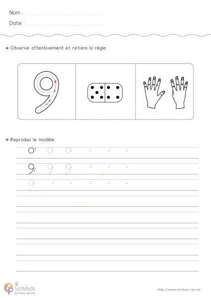 Fiche GS pour écrire le chiffre 9 avec grand modèle du 9, mot 'neuf' et lignes de réécriture progressive.