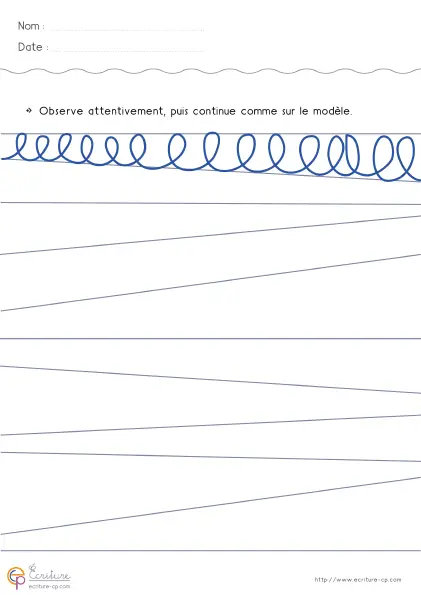 Fiche de graphisme GS avec une ligne de boucles à l'endroit et des lignes obliques pour s'entraîner.