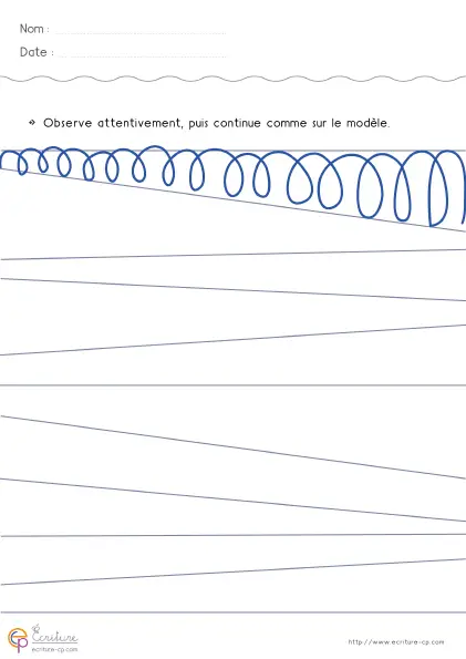 Fiche de graphisme GS avec boucles à l'envers à suivre sur une ligne modèle puis à reprendre.
