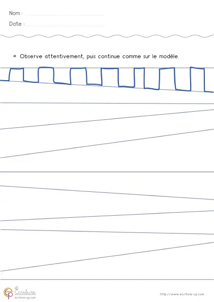 Fiche de graphisme GS avec créneaux réguliers à suivre puis à refaire sur des lignes de pratique.