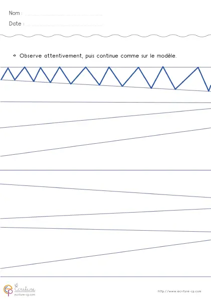 Fiche de graphisme GS avec zigzags à refaire sur des lignes de plus en plus autonomes.