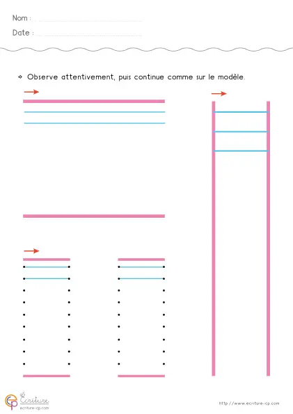 Fiche de graphisme GS avec longues lignes horizontales à repasser et à maintenir régulières.