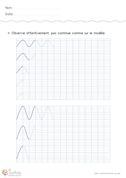 Fiche de graphisme GS avec vagues à enchaîner sur plusieurs lignes progressives.