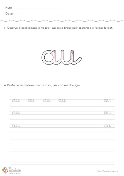 Fiche GS CP pour écrire le mot AU en cursive avec modèle AU et lignes de copie.