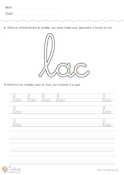 Fiche GS CP pour écrire le mot LAC en cursive avec modèle LAC et lignes d'entraînement progressif.