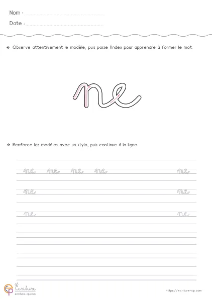 Fiche GS CP pour écrire le mot NE en cursive avec modèle NE et lignes de copie guidée.