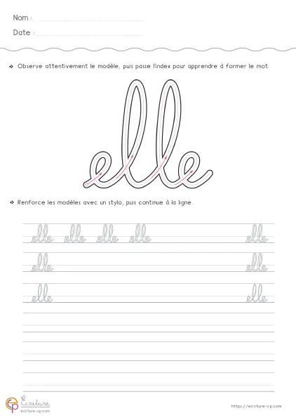Fiche GS CP pour écrire le mot ELLE en cursive avec modèle ELLE, répétition du double l'et lignes d'entraînement.