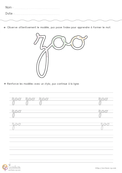 Fiche GS CP pour écrire le mot ZOO en cursive avec modèle ZOO, double o et lignes d'entraînement progressif.