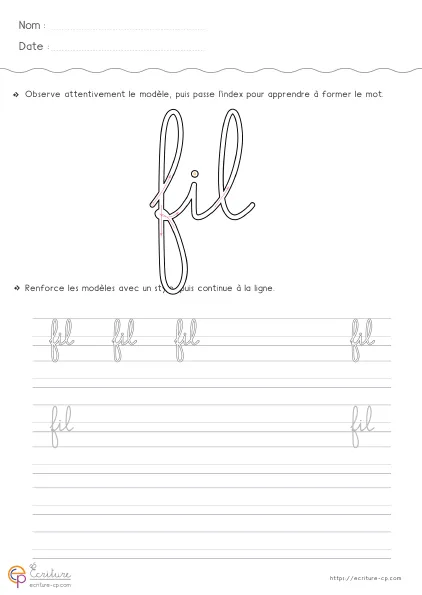 Fiche GS CP pour écrire le mot FIL en cursive avec modèle FIL et lignes de copie sur trois lettres.