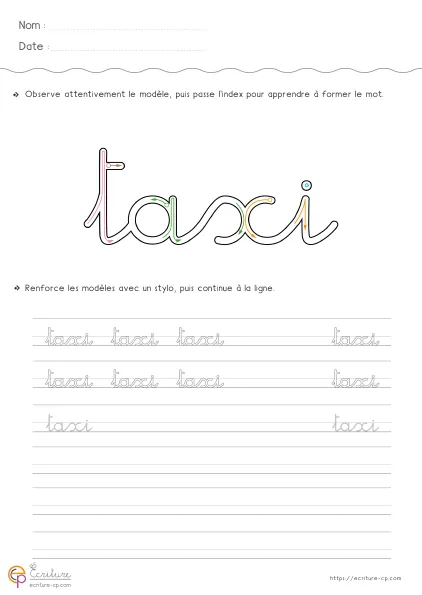Fiche GS CP pour écrire le mot TAXI en cursive avec modèle TAXI et lignes d'entraînement sur quatre lettres.
