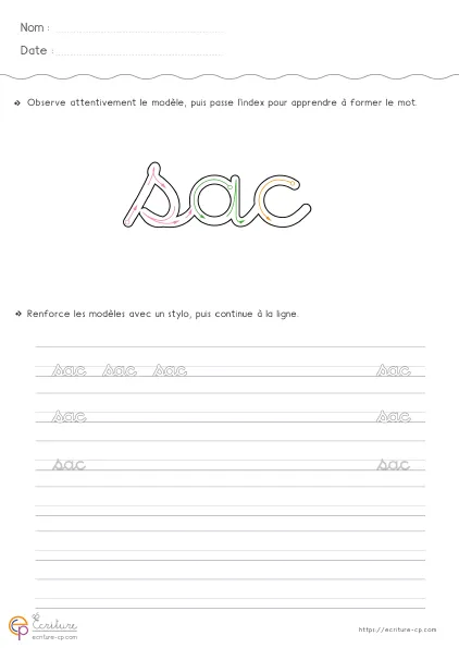 Fiche GS CP pour écrire le mot SAC en cursive avec modèle SAC et lignes de copie progressive.