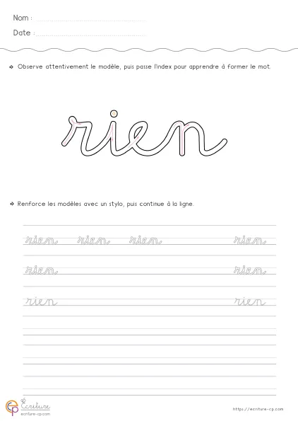 Fiche GS CP pour écrire le mot RIEN en cursive avec modèle RIEN et lignes de copie sur quatre lettres.