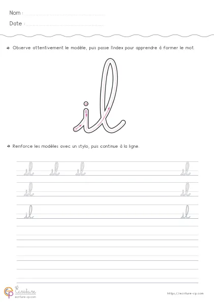 Fiche GS CP pour écrire le mot IL en cursive avec modèle IL et lignes de copie progressive.
