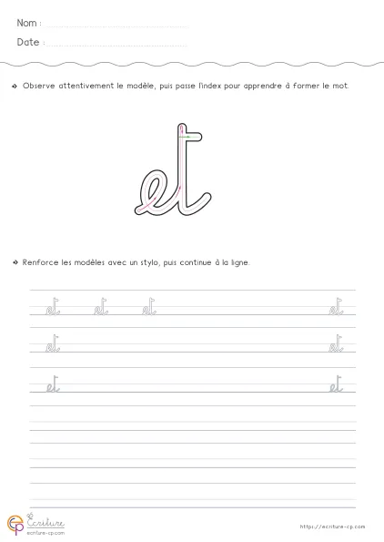 Fiche GS CP pour écrire le mot ET en cursive avec modèle ET et lignes d'entraînement pour la copie.