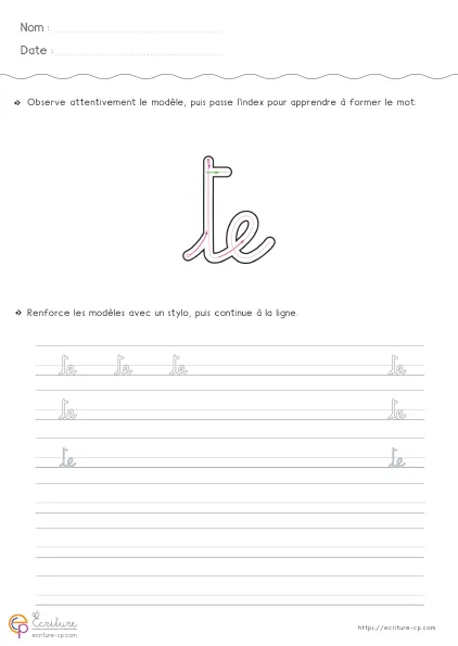 Fiche GS CP pour écrire le mot TE en cursive avec modèle TE et répétition sur lignes.