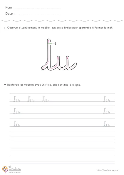 Fiche GS CP pour écrire le mot TU en cursive avec modèle TU et lignes de copie guidée.
