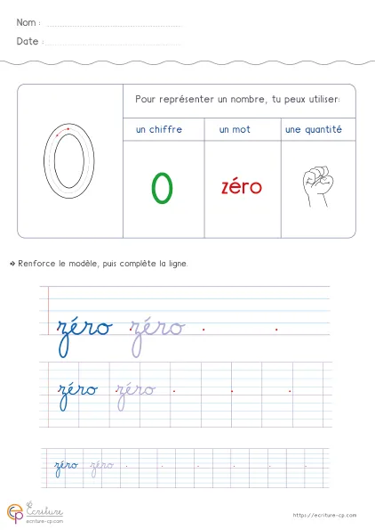 Fiche d'écriture CP pour le nombre zéro, avec le mot zéro en modèle, lignes de repassage et espace de copie autonome.