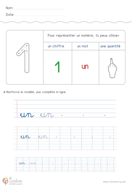 Fiche d'écriture CP pour le nombre un, avec le mot un en modèle, lignes de repassage et espace de copie autonome.