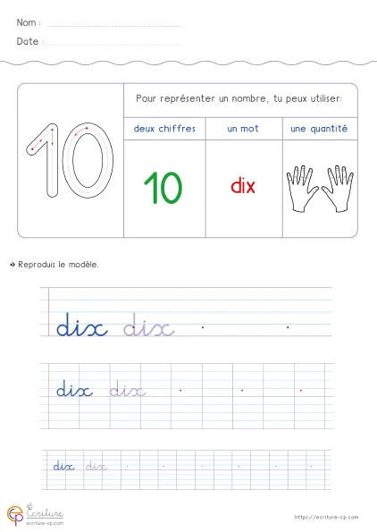 Fiche d'écriture CP pour le nombre dix, avec le mot dix en modèle, lignes de repassage et espace de copie autonome.