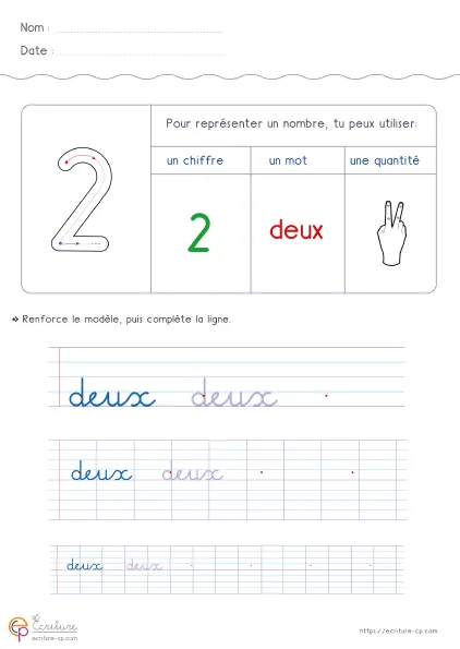 Fiche d'écriture CP pour le nombre deux, avec le mot deux en modèle, lignes de repassage et espace de copie autonome.