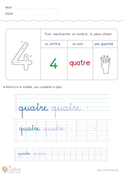 Fiche d'écriture CP pour le nombre quatre, avec le mot quatre en modèle, lignes de repassage et espace de copie autonome.