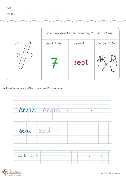 Fiche d'écriture CP pour le nombre sept, avec le mot sept en modèle, lignes de repassage et espace de copie autonome.