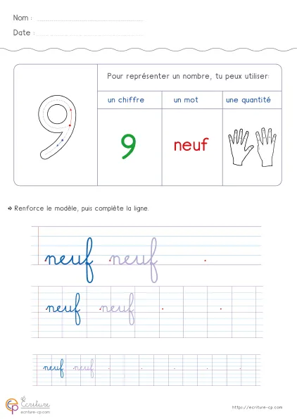 Fiche d'écriture CP pour le nombre neuf, avec le mot neuf en modèle, lignes de repassage et espace de copie autonome.
