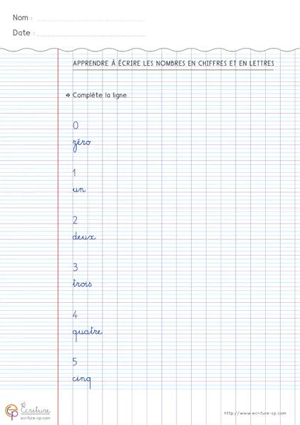Feuille d'écriture CP pour les nombres 0 à 5 en chiffres et en lettres, avec modèles, mots-nombres à recopier et lignes d'entraînement.