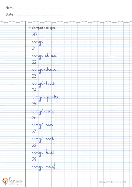 Feuille d'écriture CP pour les nombres 20 à 29 en chiffres et en lettres, avec modèles, mots-nombres à recopier et lignes d'entraînement.