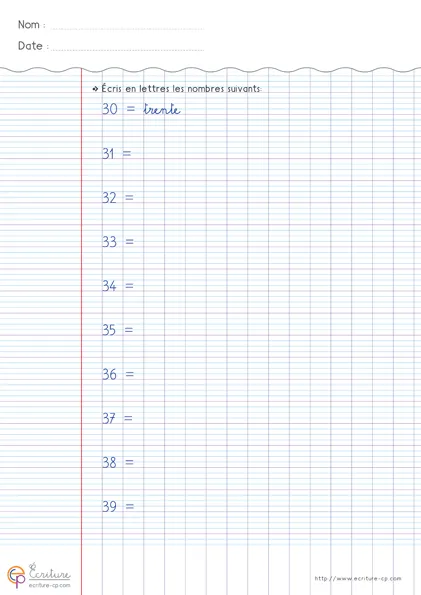 Feuille d'écriture CP pour les nombres 30 à 39 en chiffres et en lettres, avec modèles, mots-nombres à recopier et lignes d'entraînement.