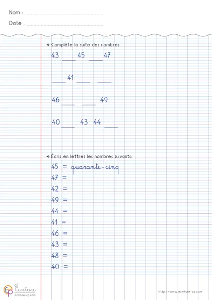 Feuille d'écriture CP pour les nombres 40 à 49 en chiffres et en lettres, avec modèles, mots-nombres à recopier et lignes d'entraînement.