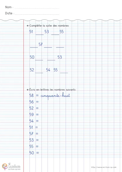 Feuille d'écriture CP pour les nombres 49 à 50 en chiffres et en lettres, avec modèles, mots-nombres à recopier et lignes d'entraînement.