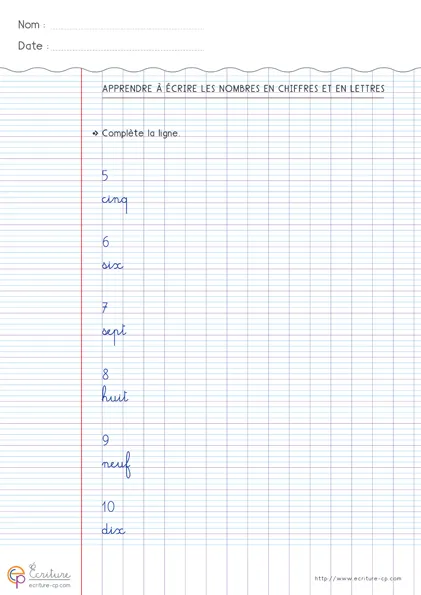 Feuille d'écriture CP pour les nombres 5 à 10 en chiffres et en lettres, avec modèles, mots-nombres à recopier et lignes d'entraînement.