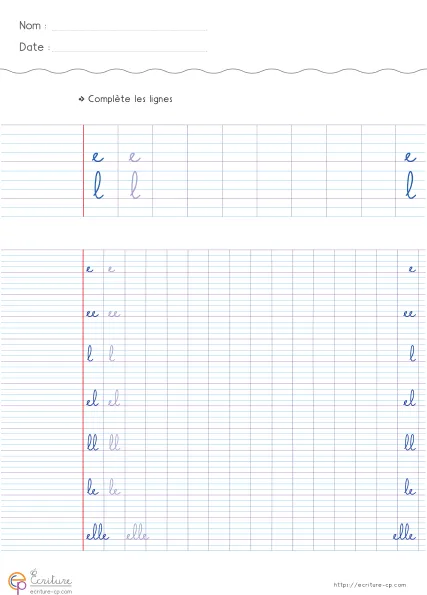 Fiche CP de copie de mots utiles avec e et l, mots modèles sur lignage Seyes et lignes d'entraînement.