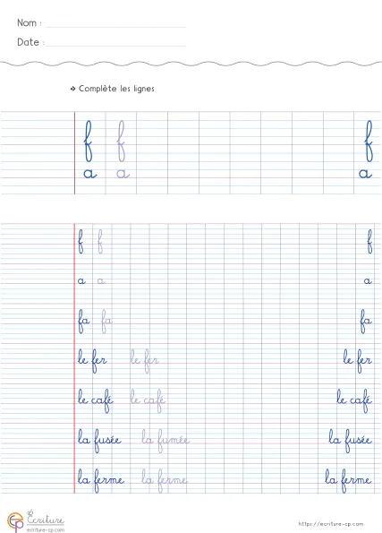 Fiche CP de copie de mots utiles avec la lettre f, mots modèles sur lignage Seyes et lignes d'entraînement.