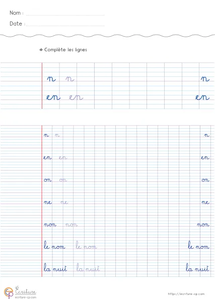 Fiche CP de copie de mots utiles avec la lettre n, mots modèles sur lignage Seyes et lignes d'entraînement.