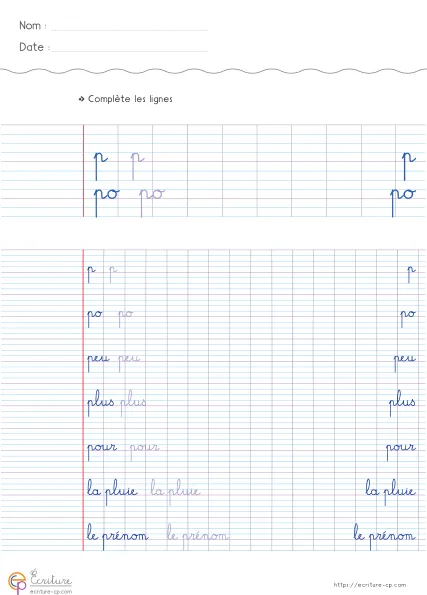 Fiche CP de copie de mots utiles avec la lettre p, mots modèles sur lignage Seyes et lignes d'entraînement.