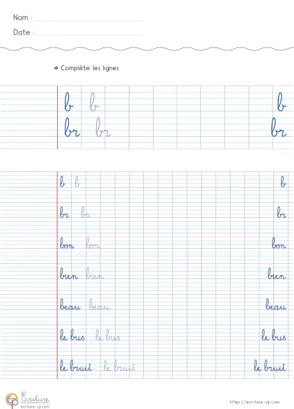 Fiche CP de copie de mots utiles avec la lettre b, mots modèles sur lignage Seyes et lignes d'entraînement.