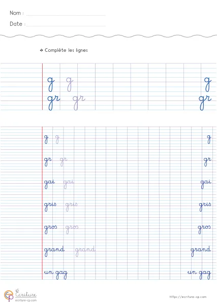 Fiche CP de copie de mots utiles avec la lettre g, mots modèles sur lignage Seyes et lignes d'entraînement.