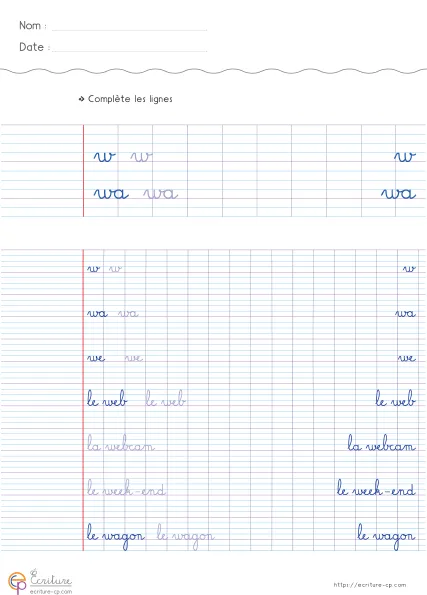 Fiche CP de copie de mots utiles avec la lettre w, mots modèles sur lignage Seyes et lignes d'entraînement.