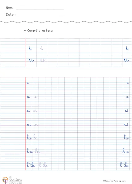 Fiche CP de copie de mots utiles avec i et u, mots modèles sur lignage Seyes et lignes d'entraînement.
