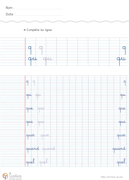 Fiche CP de copie de mots utiles avec la lettre q, mots modèles sur lignage Seyes et lignes d'entraînement.