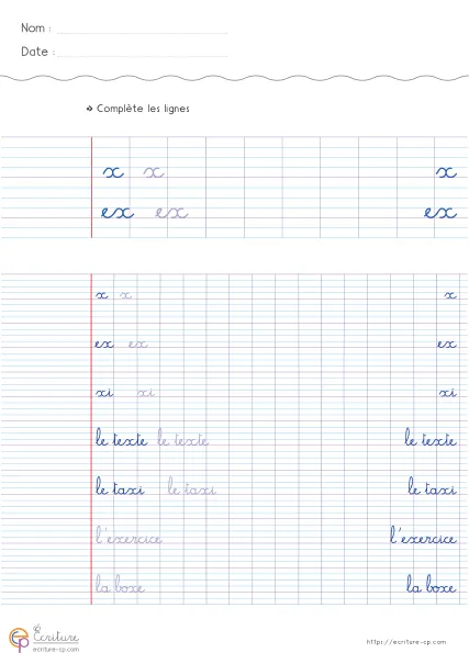 Fiche CP de copie de mots utiles avec la lettre x, mots modèles sur lignage Seyes et lignes d'entraînement.