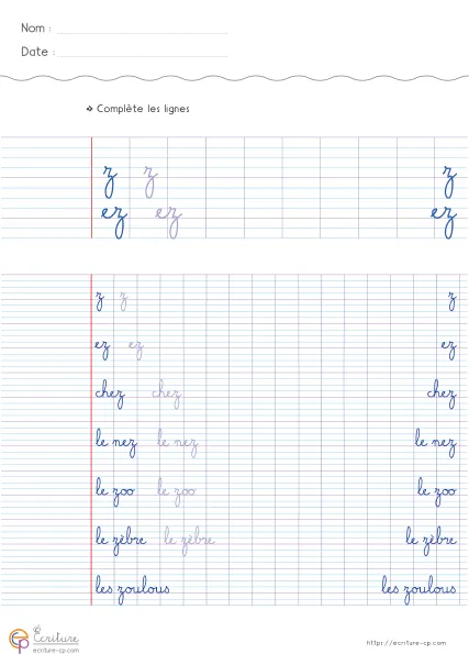 Fiche CP de copie de mots utiles avec la lettre z, mots modèles sur lignage Seyes et lignes d'entraînement.