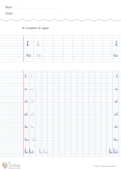 Fiche CP de copie de mots utiles avec la lettre t, mots modèles sur lignage Seyes et lignes d'entraînement.
